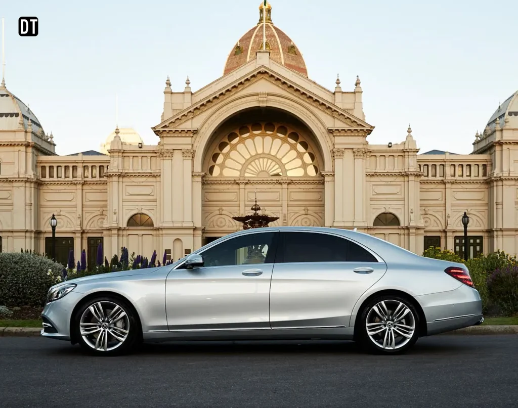 Silver Mercedes-Benz S-Class sedan, luxury car hire in Sydney