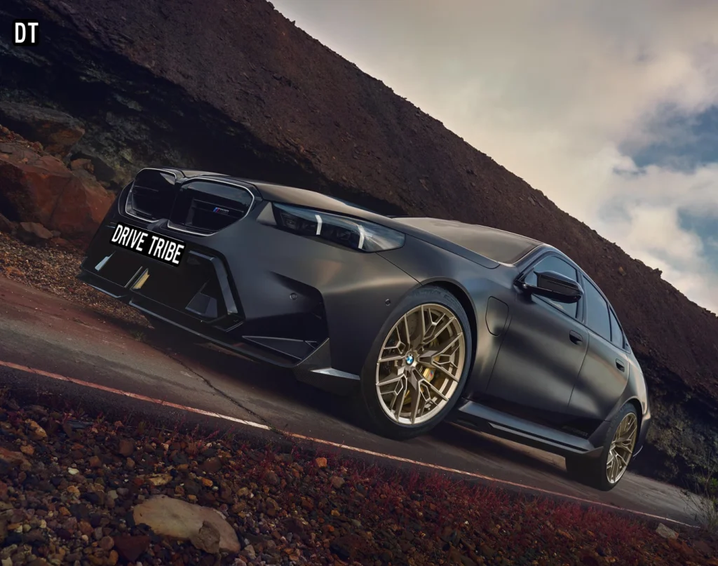 Grey BMW performance sedan on a mountain road, performance car hire in Sydney