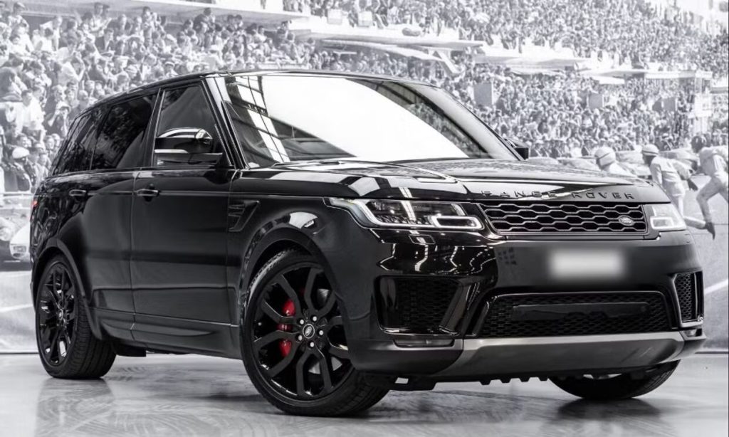 Black 2022 Land Rover Range Rover Sport, front three-quarter view, available for hire in Sydney