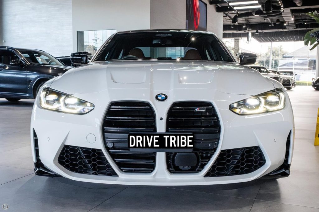 White 2024 BMW M3 Competition G80 xDrive, front view, available for hire in Sydney