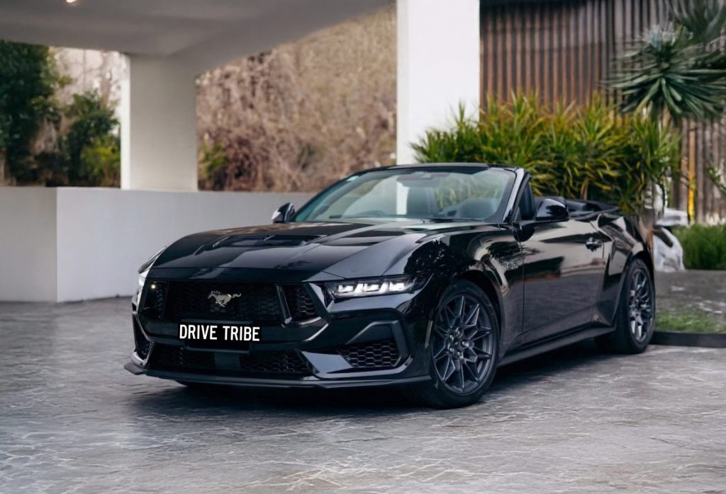 Black 2025 Ford Mustang GT, front three-quarter view, available for hire in Sydney