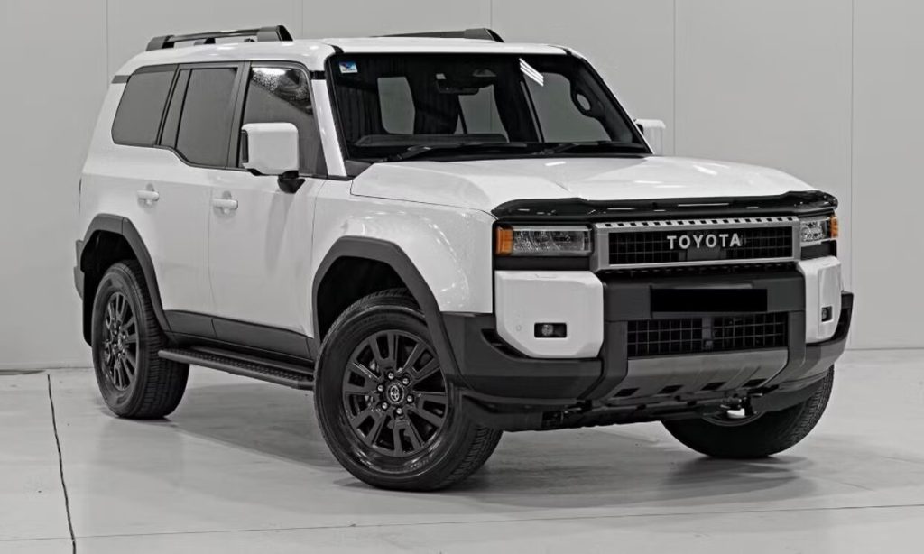 White 2026 Toyota LandCruiser Prado, front three-quarter view, available for hire in Sydney