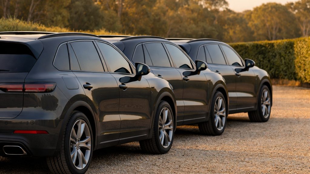 Three matched dark luxury SUVs parked in a line as a wedding convoy
