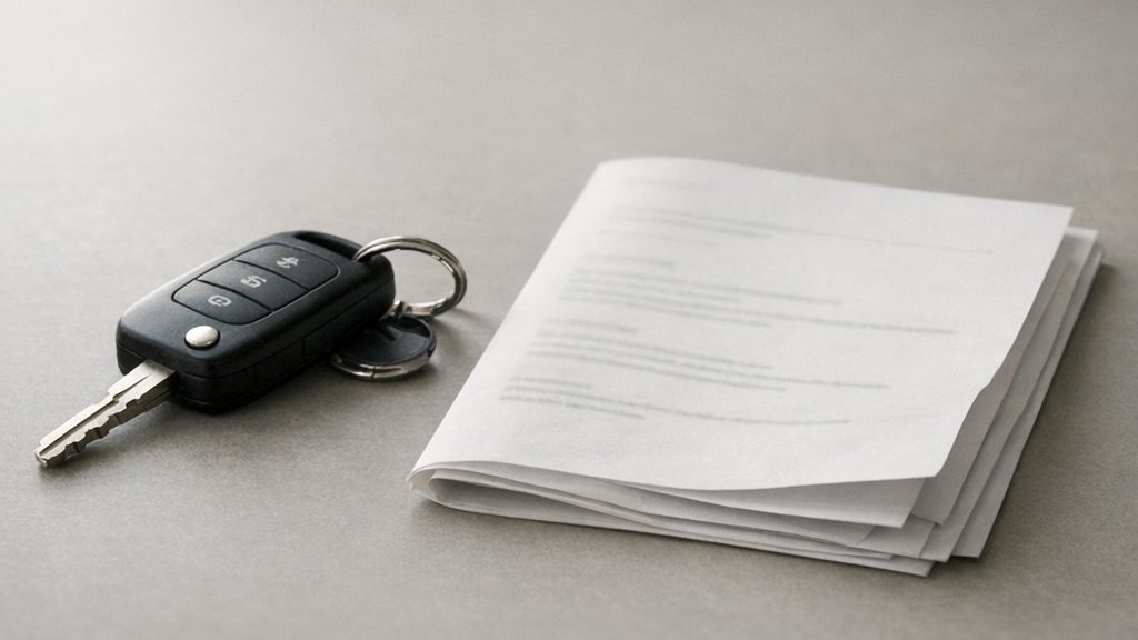 Car keys and a document on a desk, representing a not-at-fault accident replacement vehicle claim