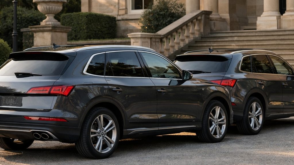 Two dark prestige SUVs parked outside a Sydney wedding venue