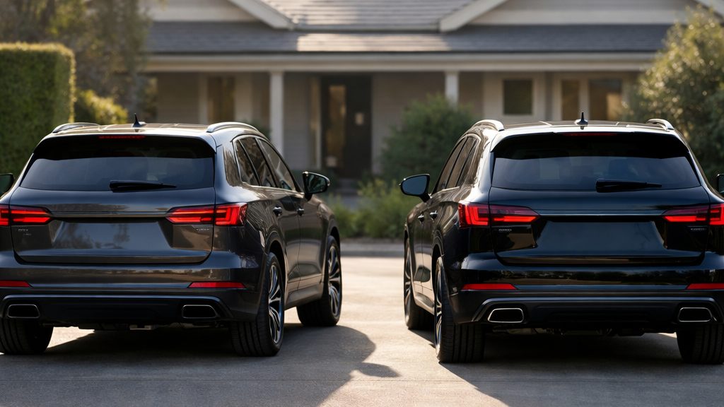 Wedding cars staged in a driveway in early morning light