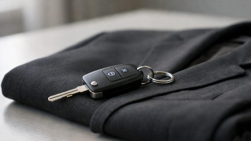 Car keys resting on a formal jacket, wedding self-drive fleet
