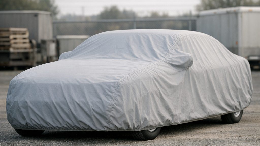 A covered vehicle in a storage yard, written off and not at fault