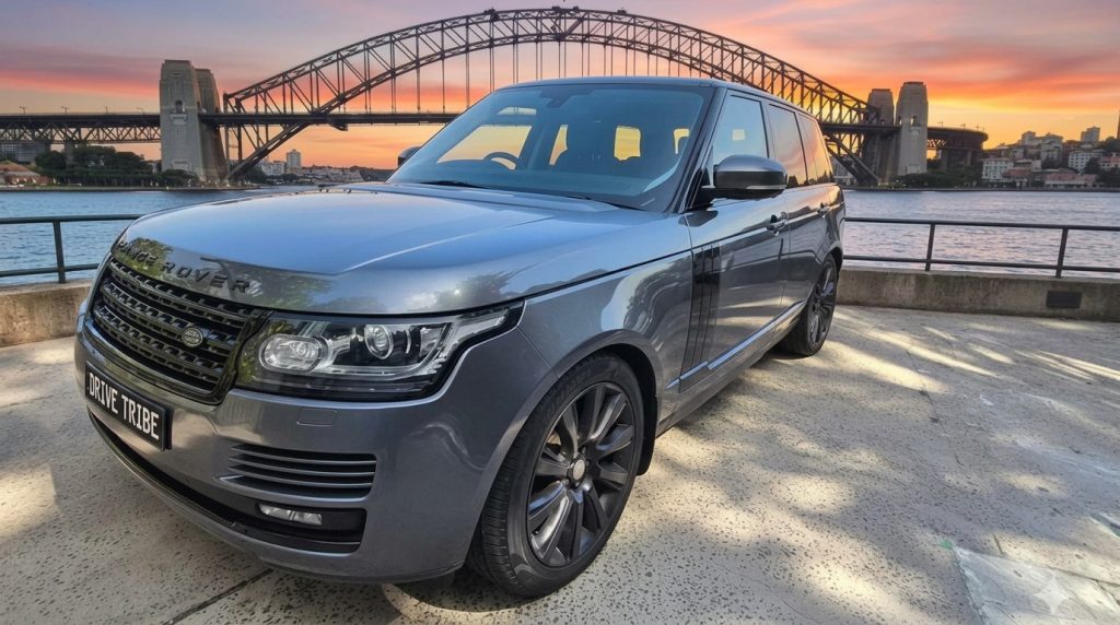 Grey 2013 Land Rover Range Rover Vogue, front three-quarter view, available for hire in Sydney
